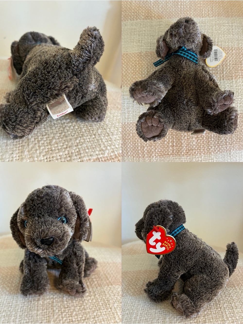 Ty Beanie Babies - “Frisbee” the Gray Dog - Plush Puppy with Blue Plaid Ribbon